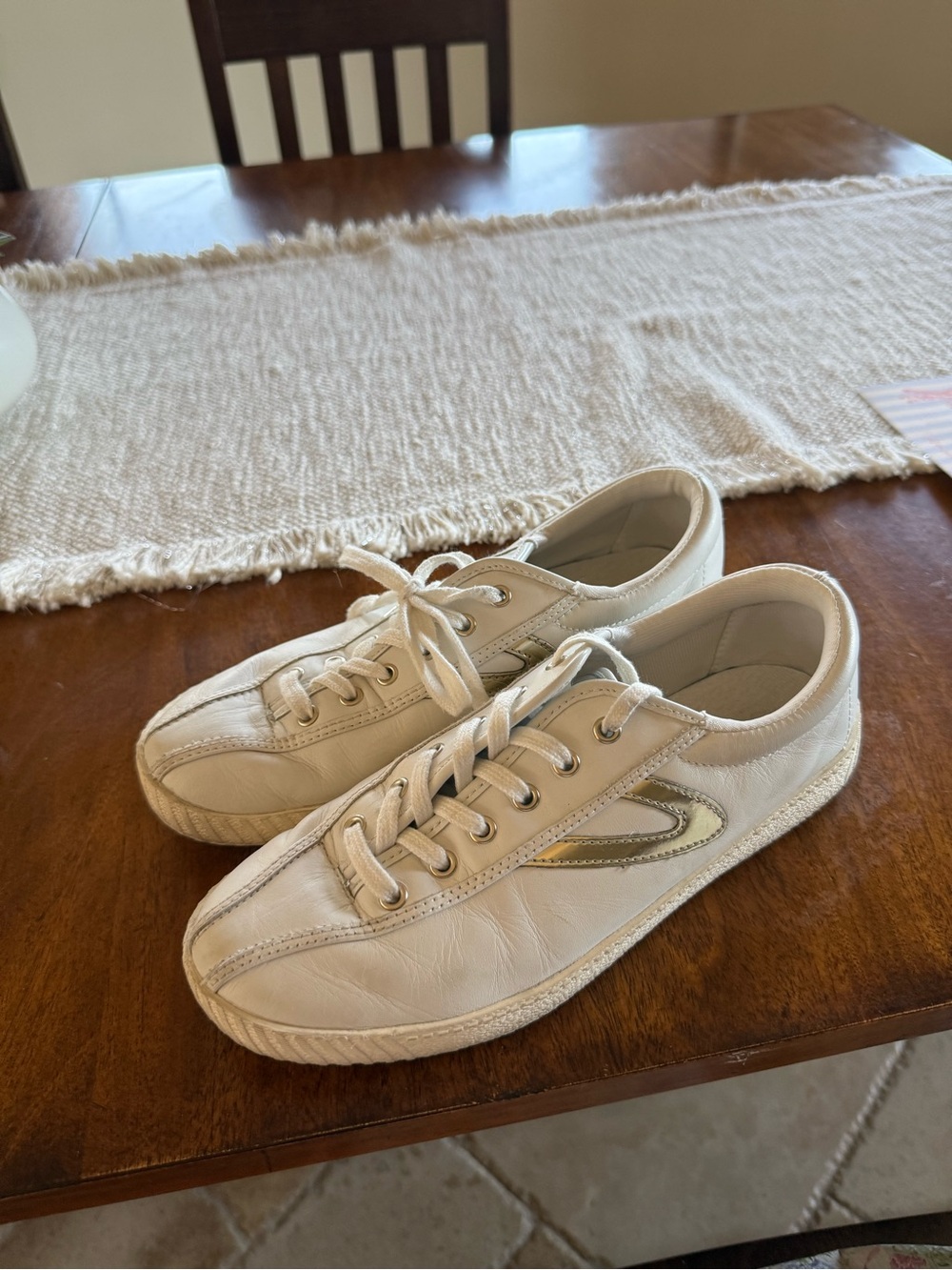 White Leather tretorn Lace-Up Sneakers with Gold Detail